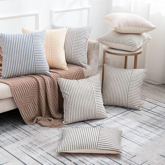 Hckot Farmhouse Pillow Covers 12x20, Set of 2, Black & Beige Striped - Picture 3 of 3